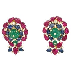 18K Gold Unheated Emerald & Ruby & Sapphire Earrings with Diamonds