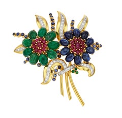 18k Gold Emerald, Sapphire, Ruby and Diamond Floral Brooch 2-5/8" x 2" 31.2g