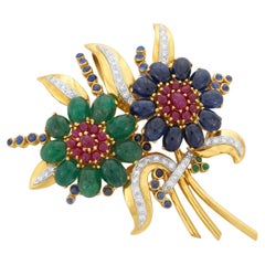 18k Gold Emerald, Sapphire, Ruby and Diamond Floral Brooch 2-5/8" x 2" 31.2g