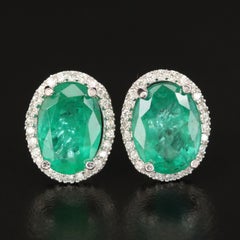18K Gold Emerald Stud Earrings, Vintage Natural Emerald and Diamond Earrings