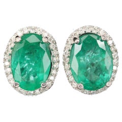 18K Gold Emerald Stud Earrings, Vintage Natural Emerald and Diamond Earrings