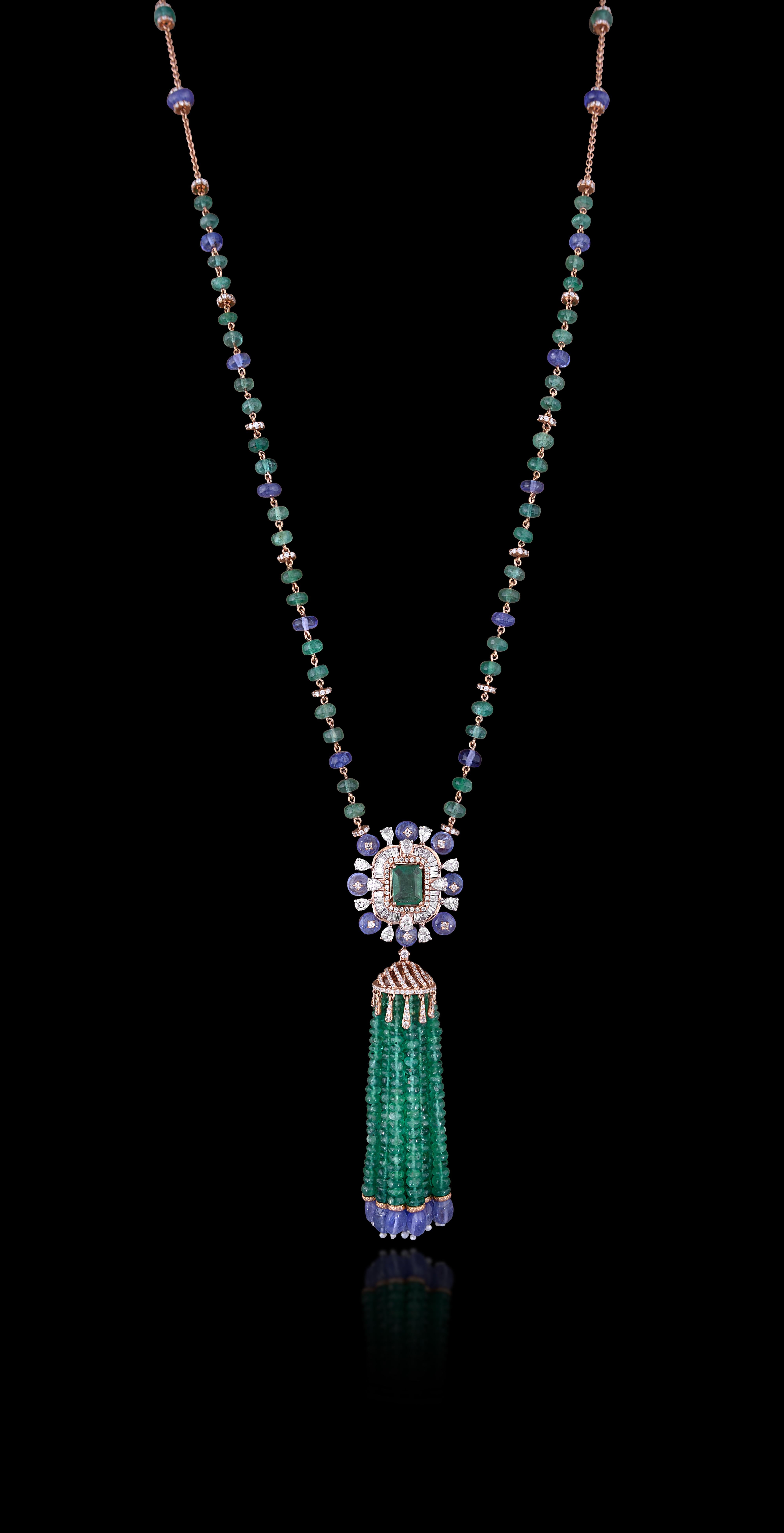 Round Cut 101.55 Carat Emerald Tanzanite Diamond 18k Rose Gold Tassel Necklace 