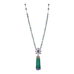 101.55 Carat Emerald Tanzanite Diamond 18k Rose Gold Tassel Necklace 