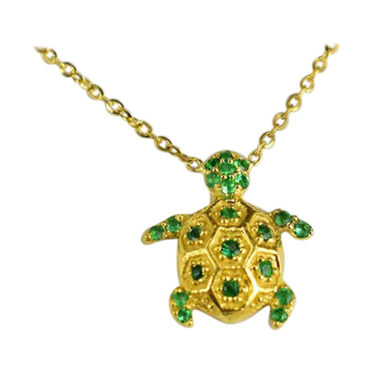 18k Gold Emerald Turtle Necklace Turtle Charm Necklace