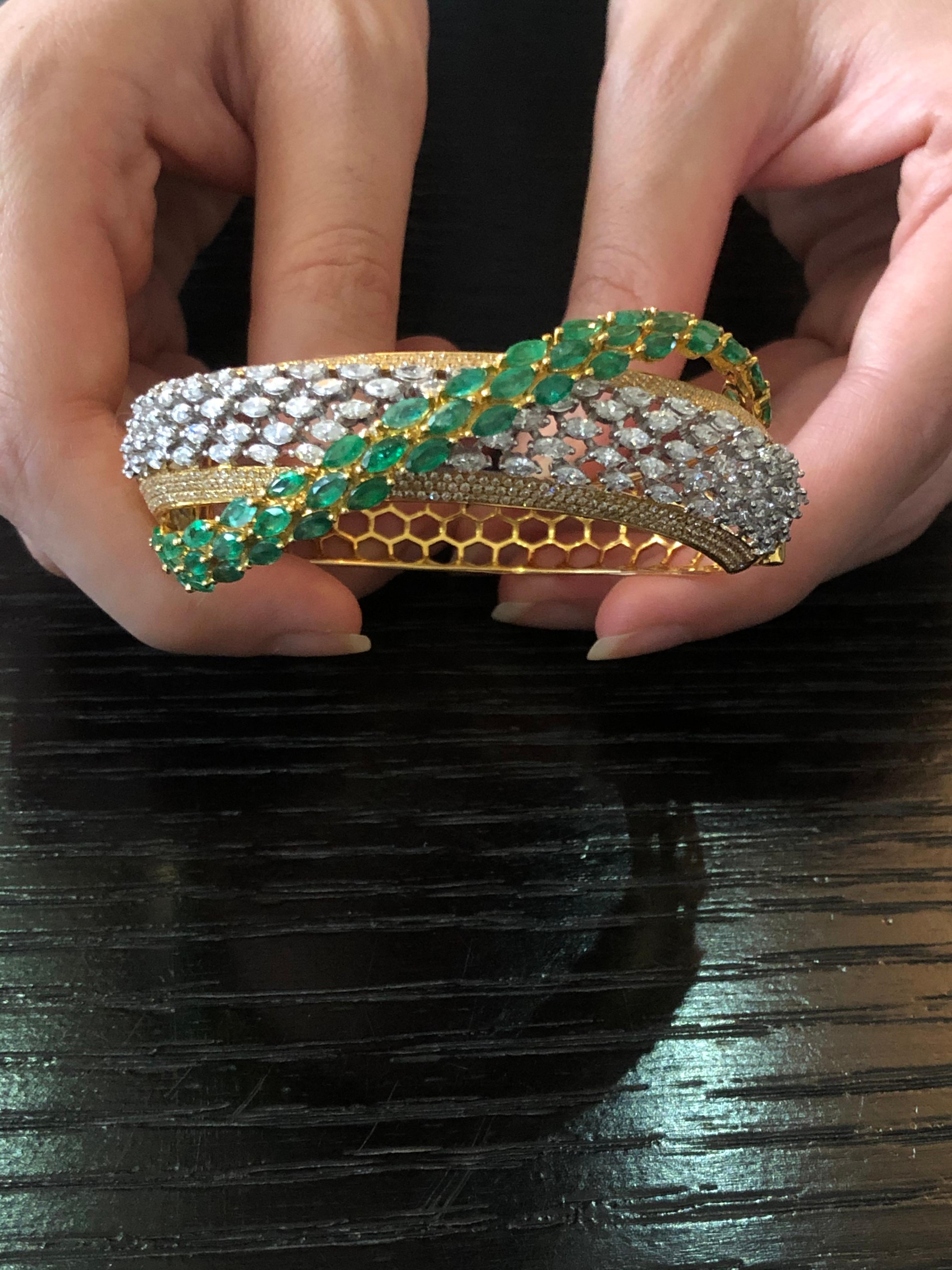 Artist 18 Karat Gold Emerald White Diamond Bracelet For Sale