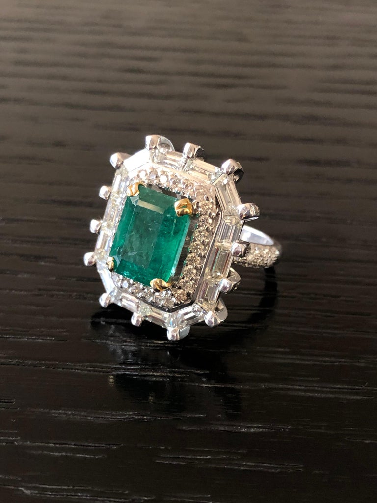 Emerald Cut 18 Karat Gold Emerald White Diamond Cocktail Ring For Sale