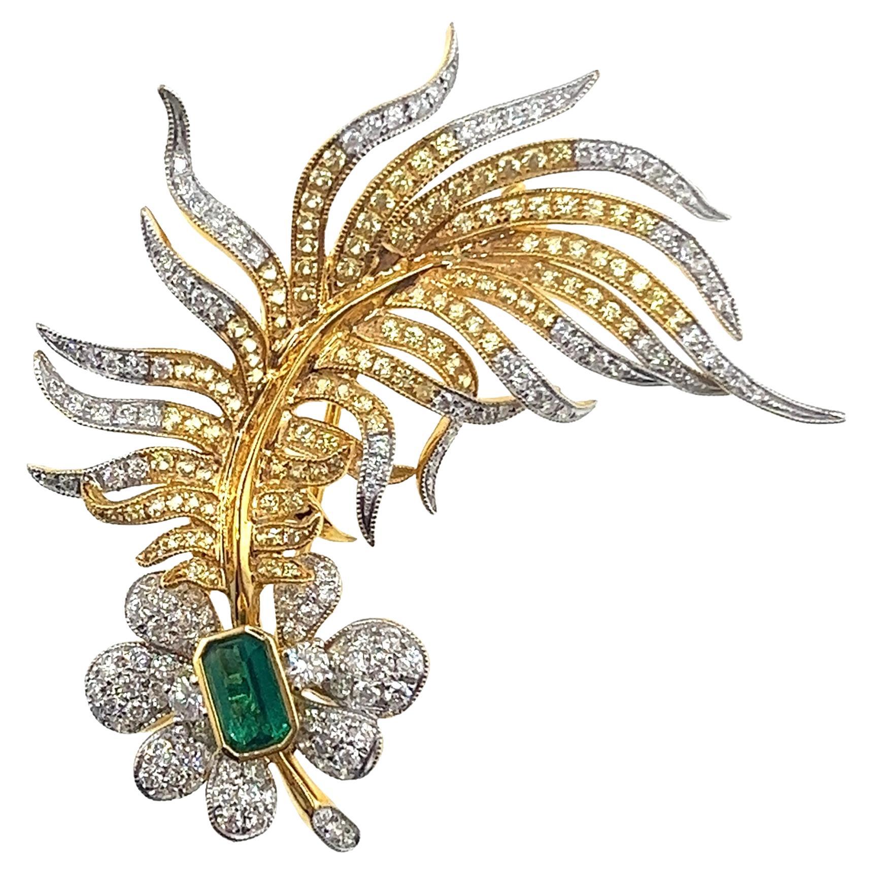 18K Gold Emerald & Yellow Sapphire Feather Brooch Pendant with Diamonds