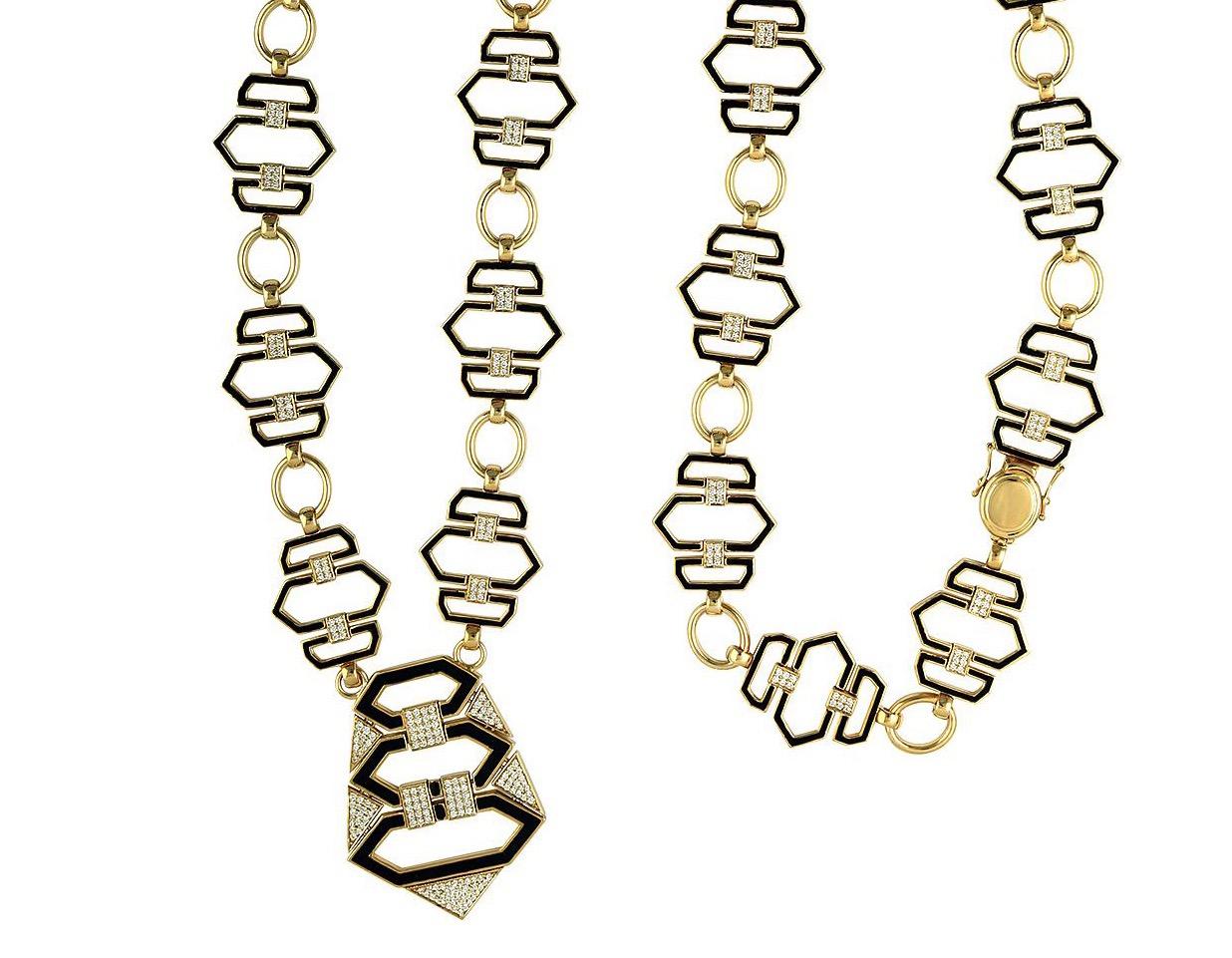 Artisan Enamel 3.78 Carat Diamond 18 Karat Gold Link Necklace For Sale