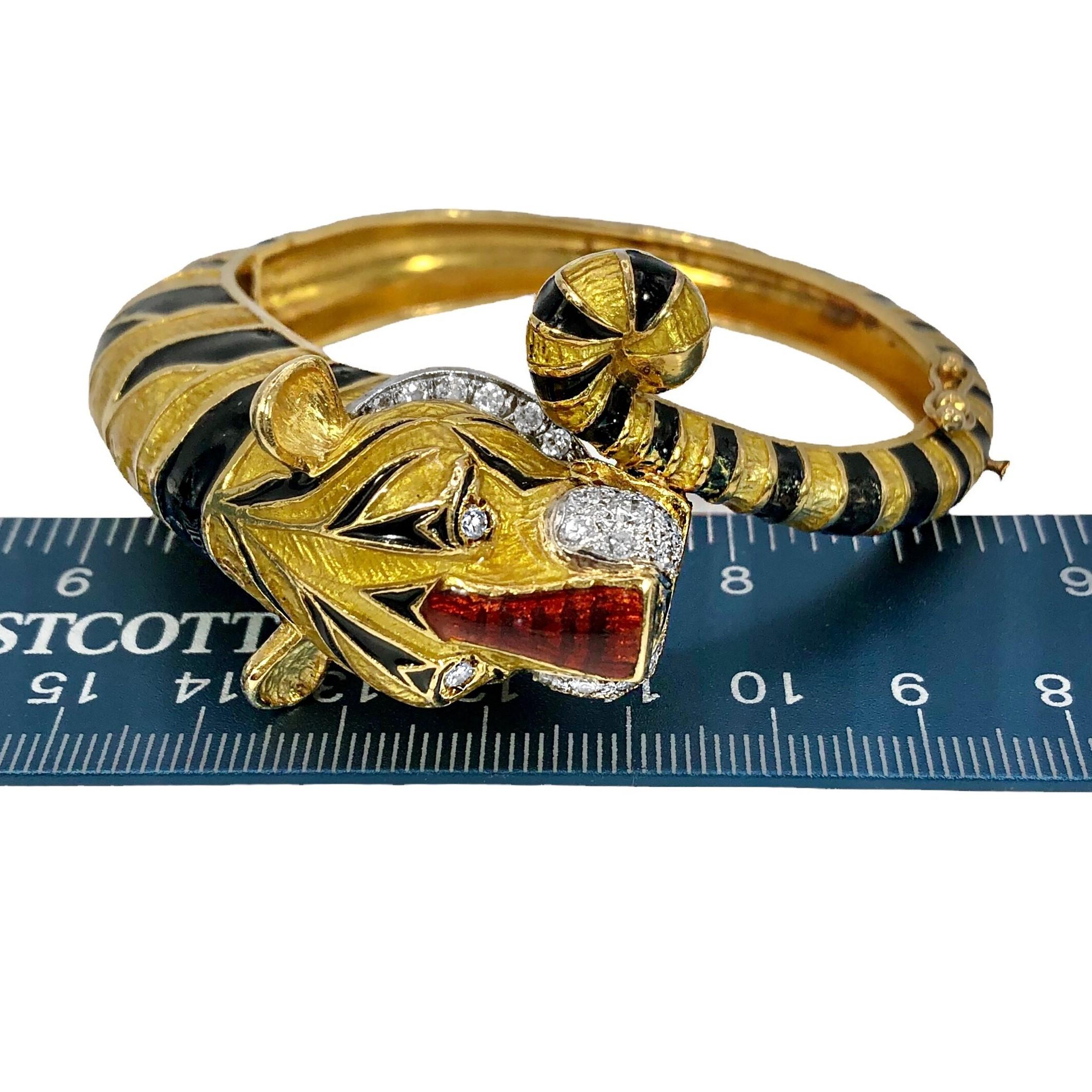 18K Gold, Enamel and Diamond Tiger Bangle Bracelet For Sale 4