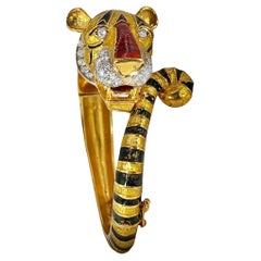 Vintage 18K Gold, Enamel and Diamond Tiger Bangle Bracelet