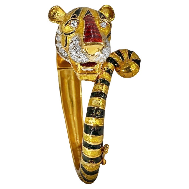 18K Gold, Enamel and Diamond Tiger Bangle Bracelet For Sale at 1stDibs