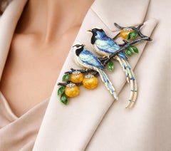 18K Gold Enamel Bird Brooch Lepidolite and Diamonds- Handmade To Order