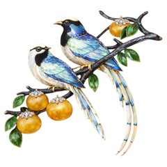 18K Gold Enamel Bird Brooch Lepidolite and Diamonds- Handmade To Order