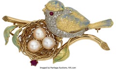 18k Gold, Enamel, Cultured Pearl, 0.75ct Diamond & Ruby Cabochon Bird Brooch 21g