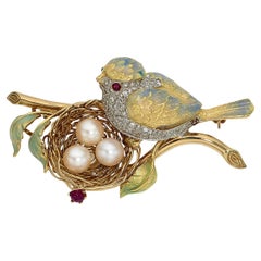 18k Gold, Enamel, Cultured Pearl, 0.75ct Diamond & Ruby Cabochon Bird Brooch 21g