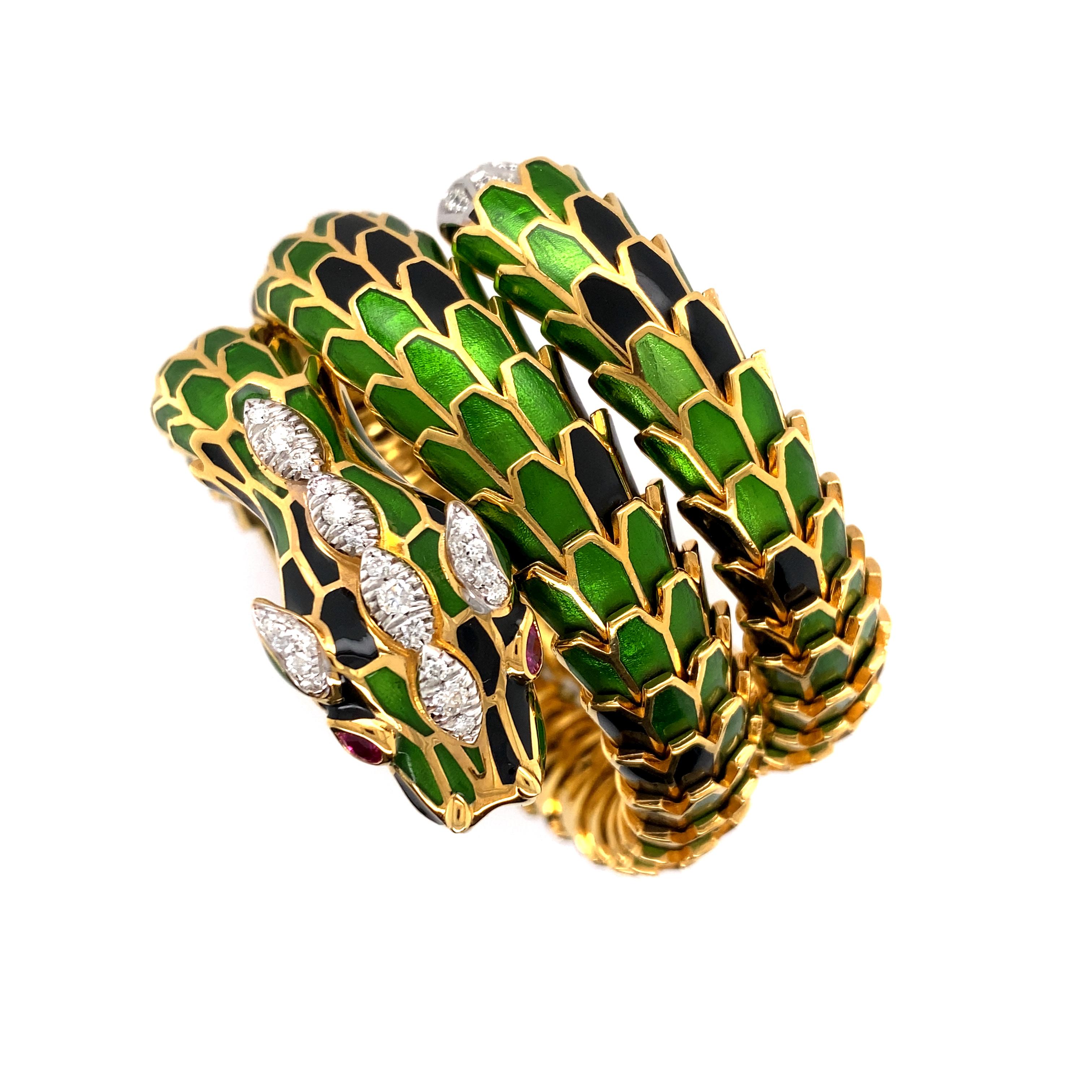 AN 18K GOLD AND ENAMEL DRAGON BRACELET, ITALY
In an adjustable serpentine design, the eyes set with marquise-shaped rubies, the scales applied with green and black enamel, further enhanced by pavé-set round diamonds weighting 0.85 carat, mounted in