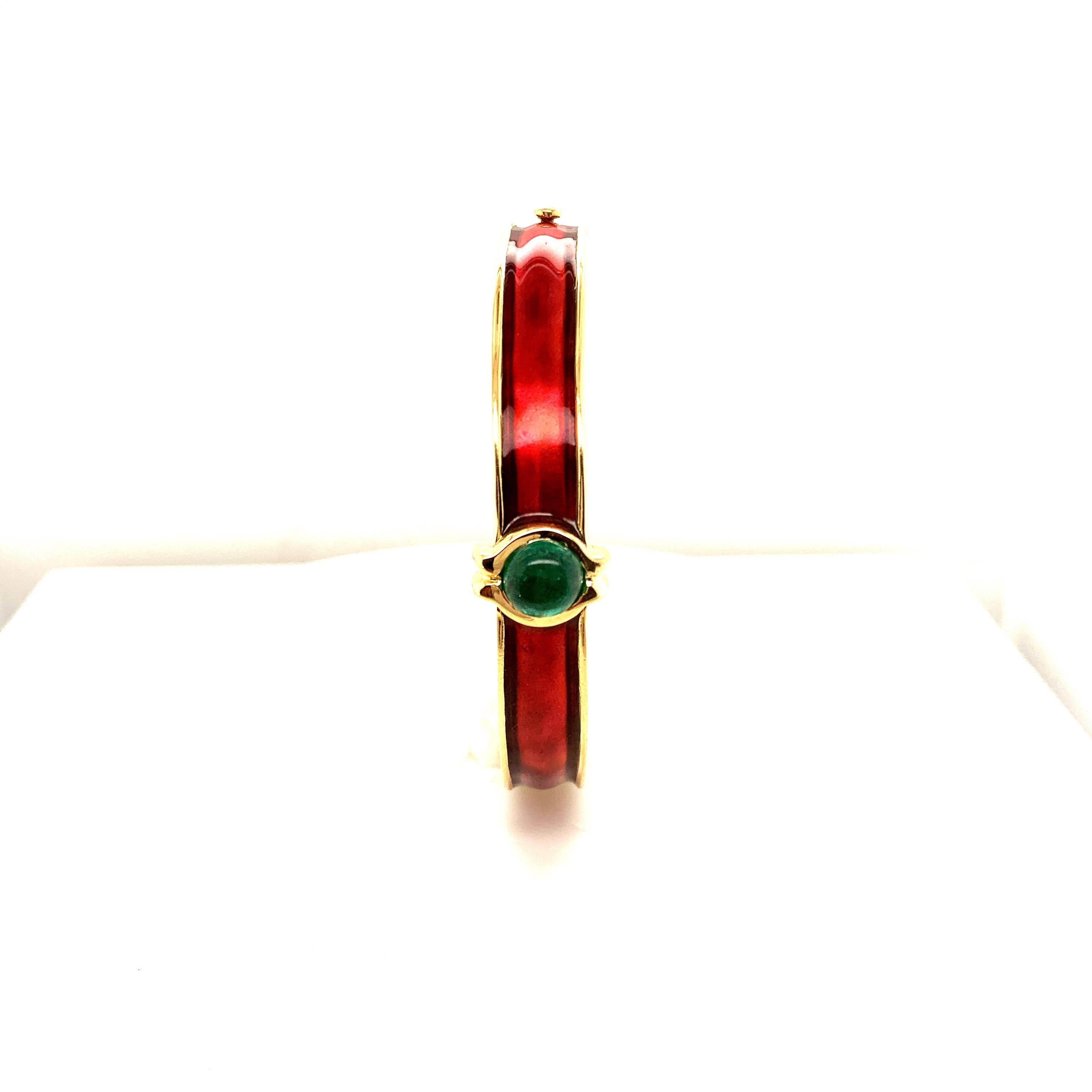 Emerald Cut 18 Karat Gold Enamel Emerald Ruby Bangle Bracelets For Sale