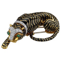 18 Karat Gold, Enamel and Gem-Set Tiger Brooch