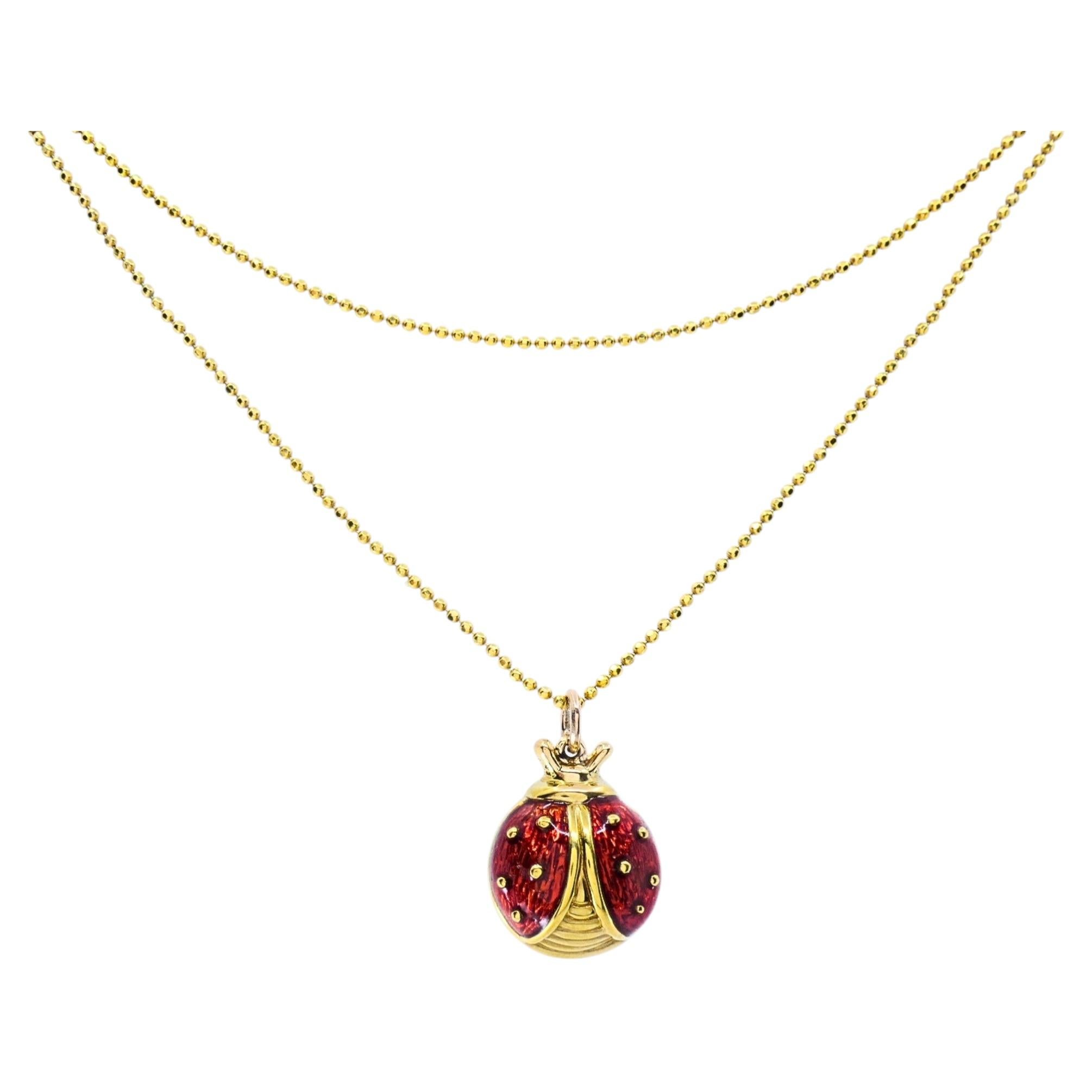 18k Gold Enamel Ladybug Pendant 14k Gold Chain Necklace