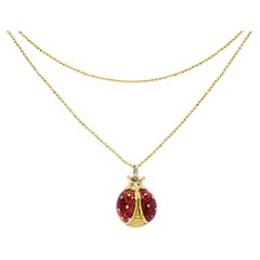 18k Gold Enamel Ladybug Pendant 14k Gold Chain Necklace