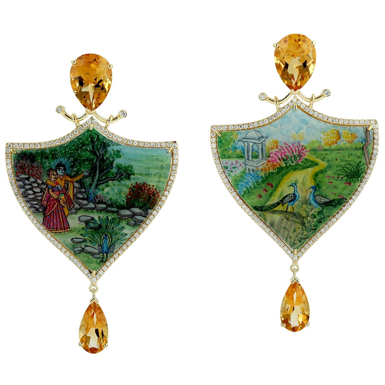 Boucles d'oreilles en or 18 carats avec émail, nacre, citrine et diamants peints à la main