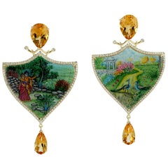 Enamel Hand Painted Mother of Pearl Citrine Diamond 14 Karat Gold Earrings