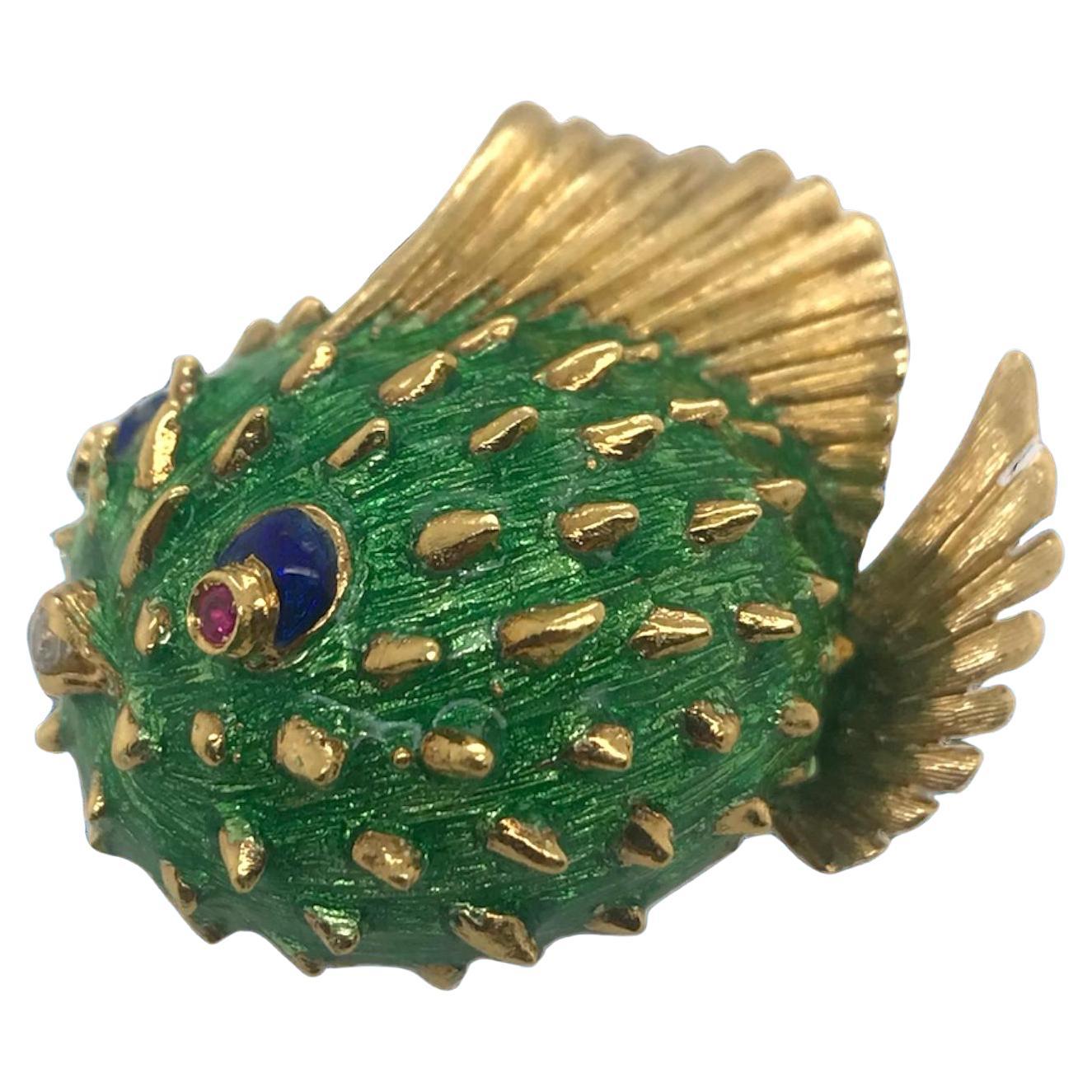 18K Gold Enamel Puffer Fish Brooch