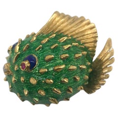 18K Gold Enamel Puffer Fish Brooch