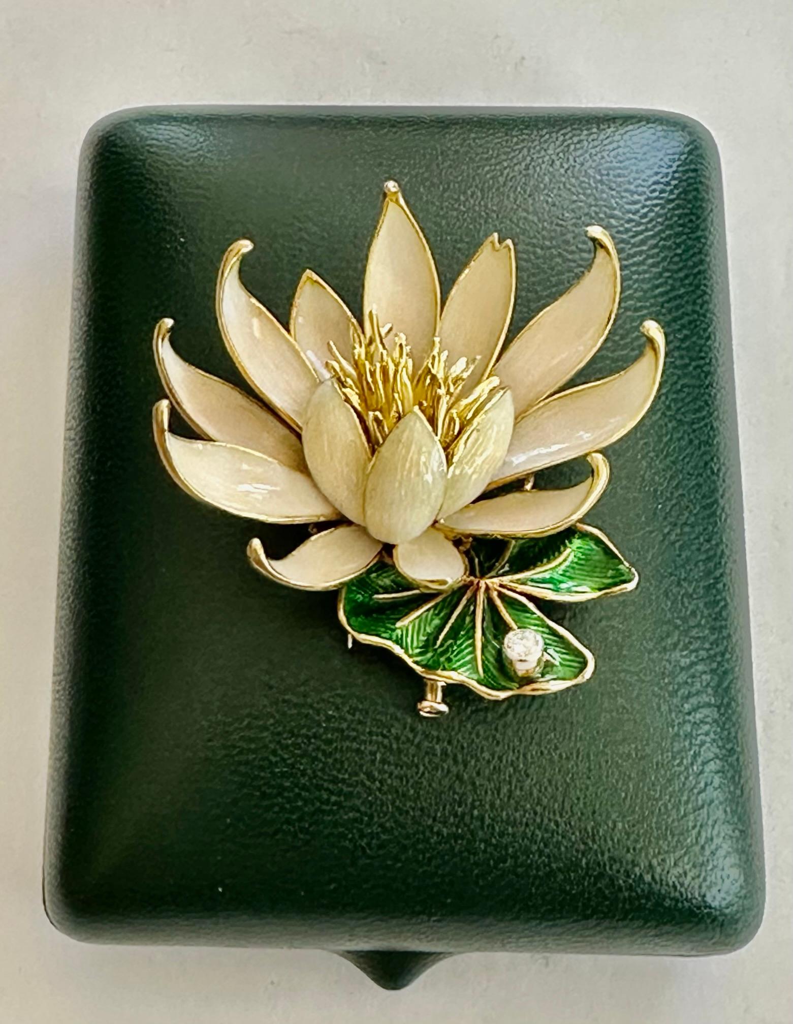 18k, Gold/Enemal, Mauboussin Water Lily Brooch from, 1968 For Sale 1