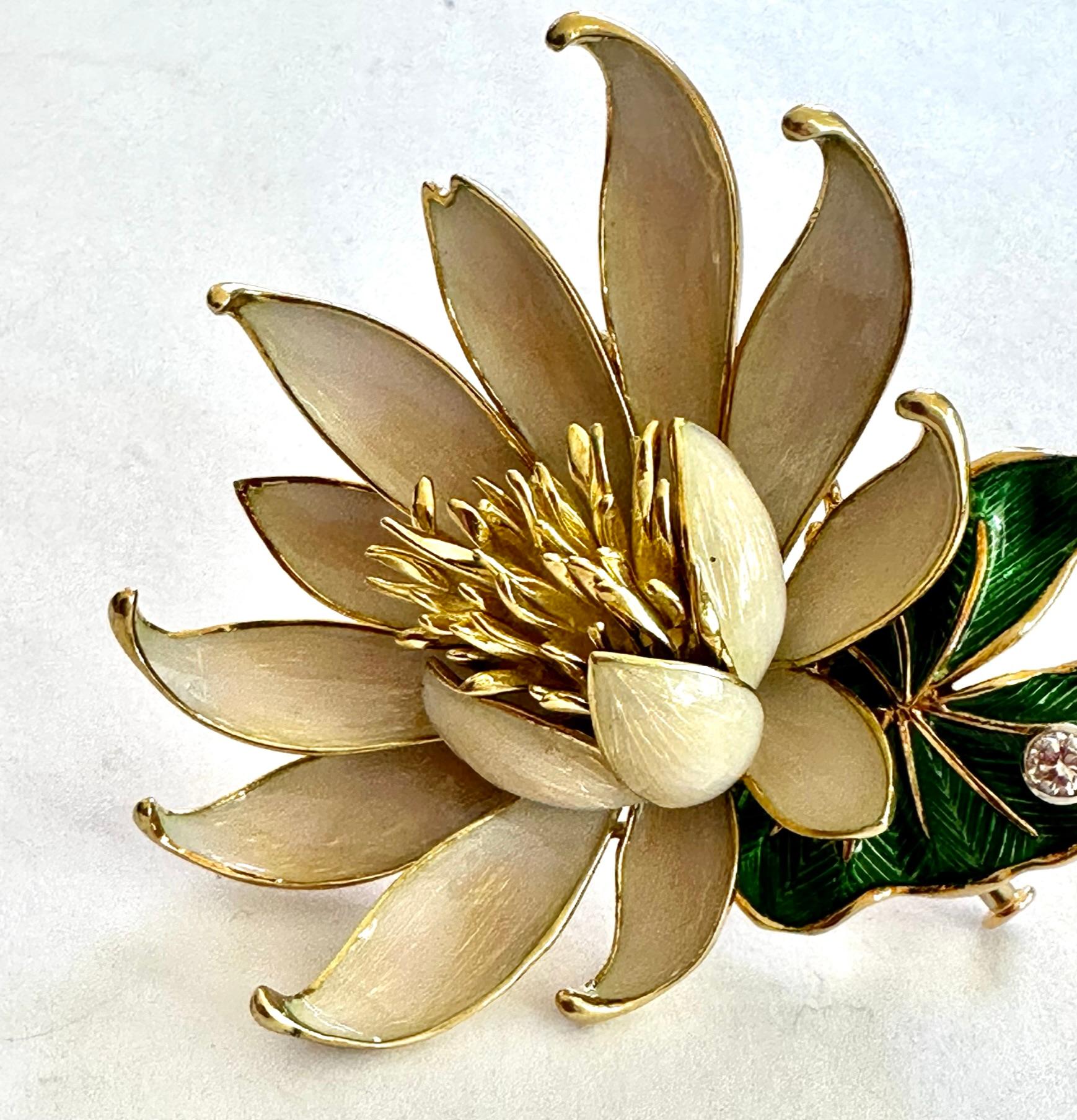 Modern 18k, Gold/Enemal, Mauboussin Water Lily Brooch from, 1968 For Sale