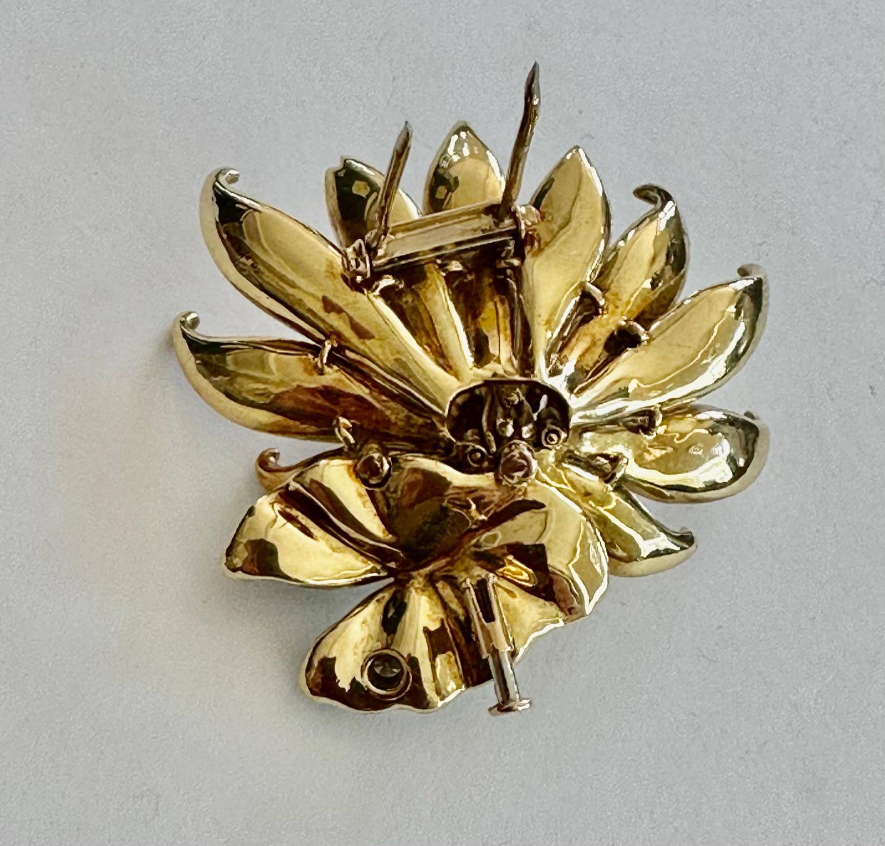 Brilliant Cut 18k, Gold/Enemal, Mauboussin Water Lily Brooch from, 1968 For Sale