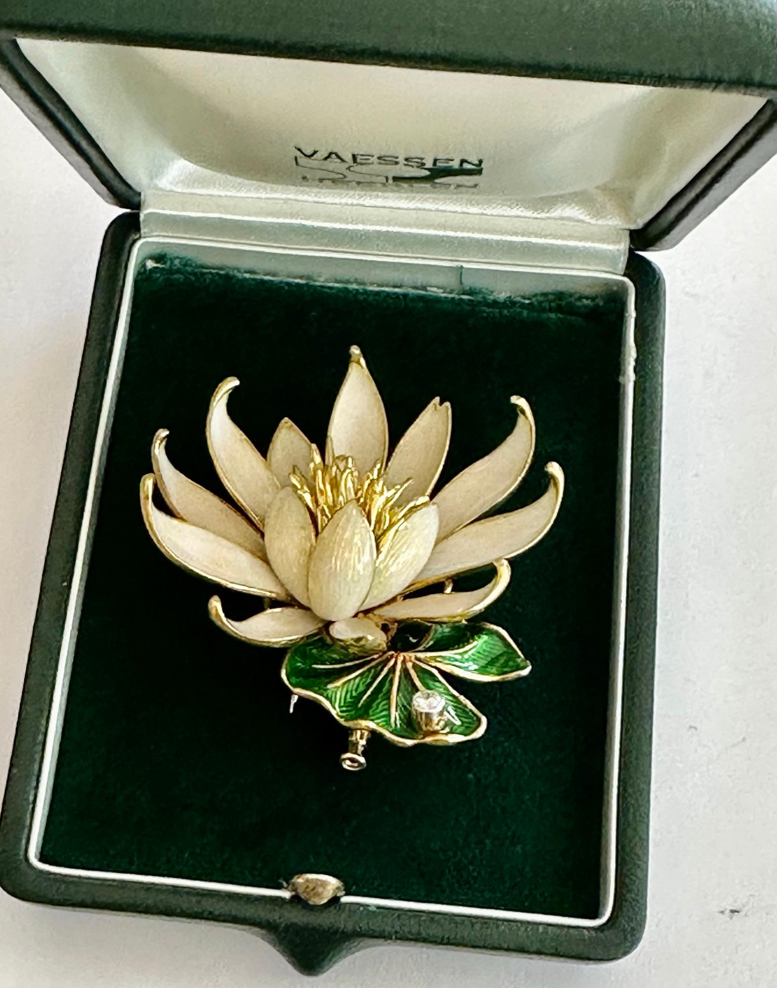 Women's or Men's 18k, Gold/Enemal, Mauboussin Water Lily Brooch from, 1968 For Sale