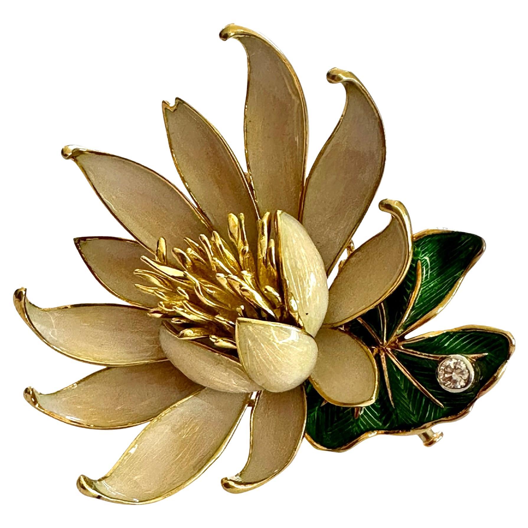 18k, Gold/Enemal, Mauboussin Water Lily Brooch from, 1968 For Sale