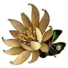 Vintage 18k, Gold/Enemal, Mauboussin Water Lily Brooch from, 1968