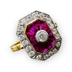 18K Gold Engagement Ring, Calibrated Rubies and Diamond Paving Art Deco Style