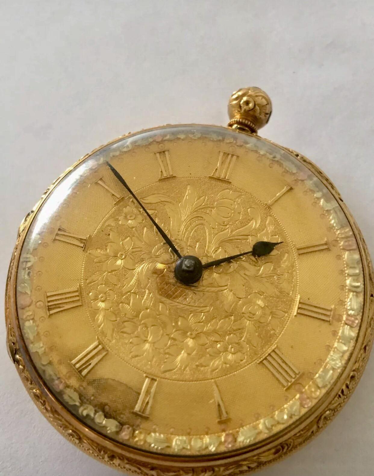 
An 18K Gold English Fusee Antique Pocket / Fob Watch.

This beautiful Ladies pocket watch is working but it keep stopping .The gold decorative dial has some worn. The loop or metal ring is missing