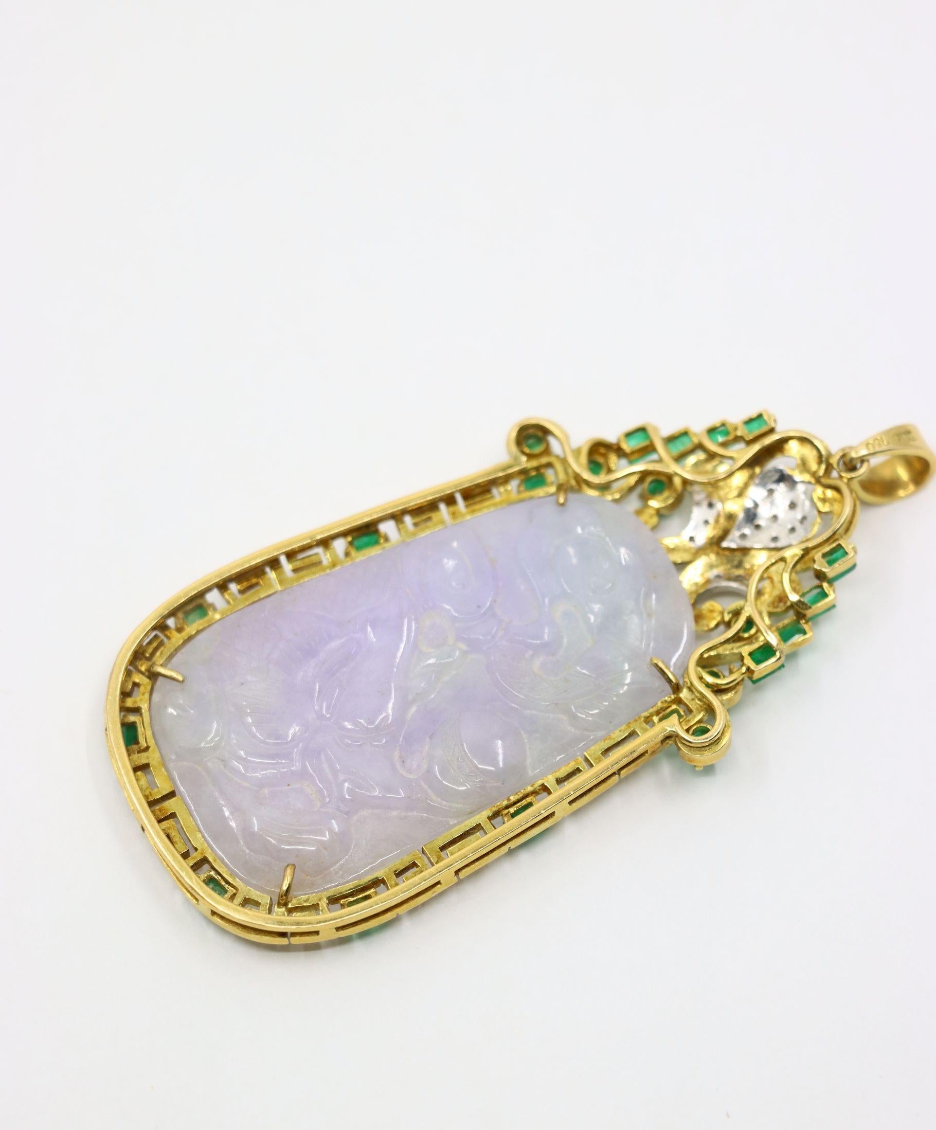 Ciondolo in oro 18K con incisione di giada viola lavanda e smeraldo con diamanti in vendita 3