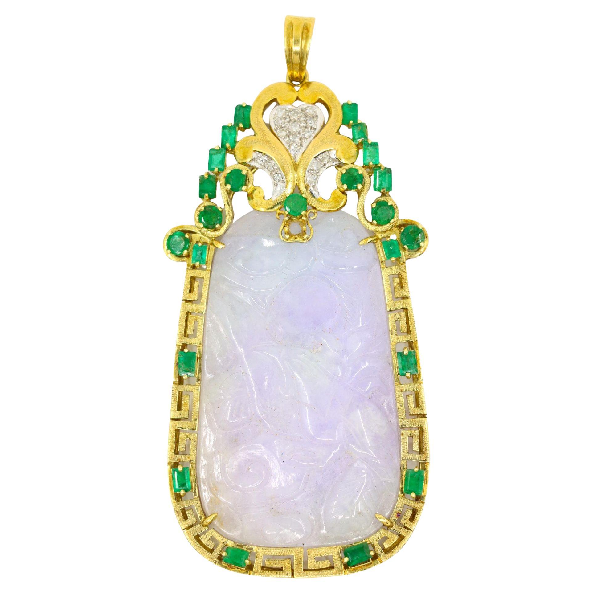 18K Gold Engraved Lavender Purple Jade Emerald Diamonds Pendant