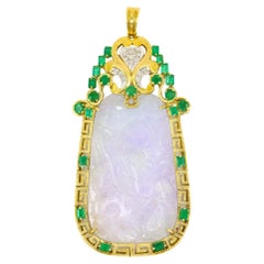 18K Gold Engraved Lavender Purple Jade Emerald Diamonds Pendant