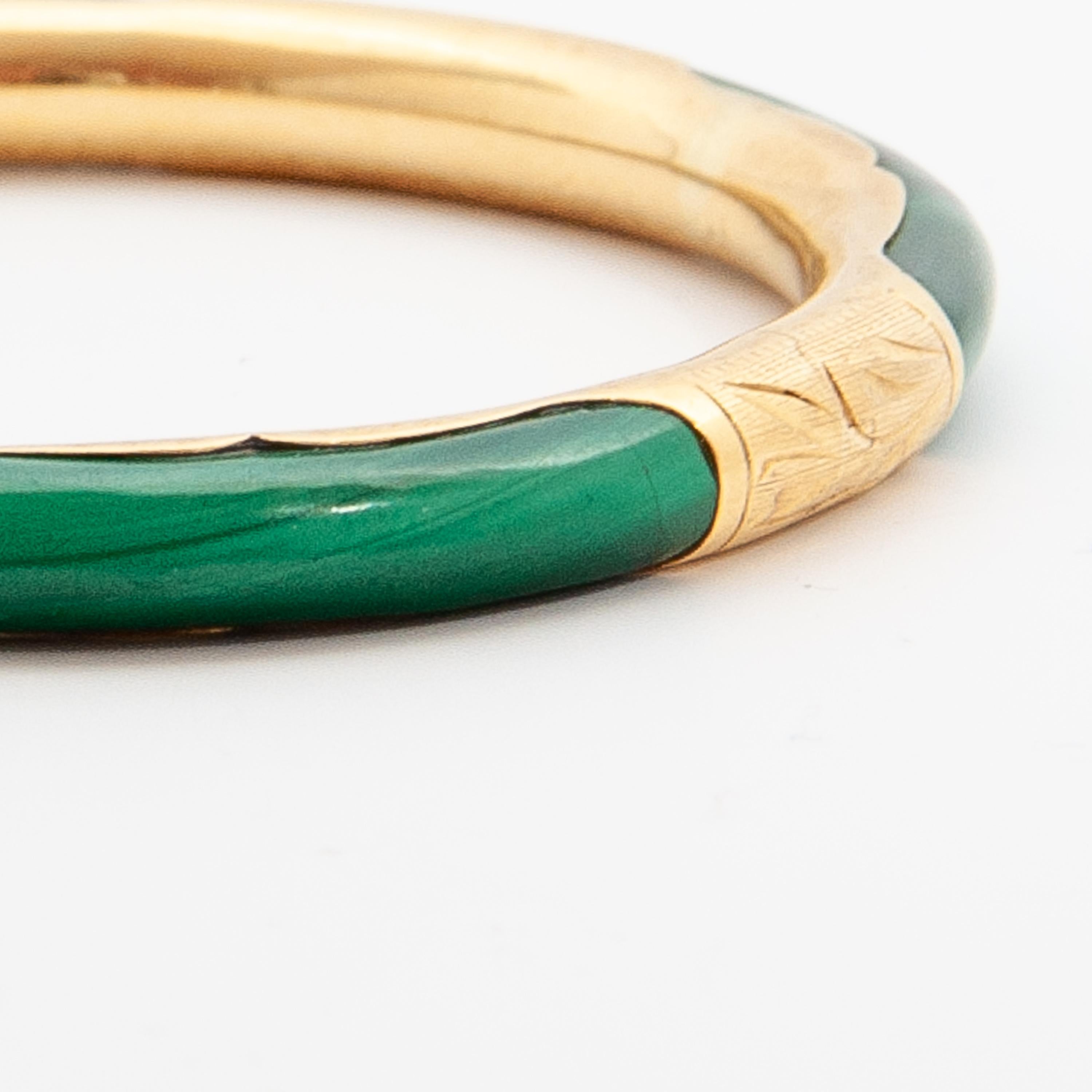 Women's or Men's 18K Gold Etched Malachite Bangle Bracelet For Sale