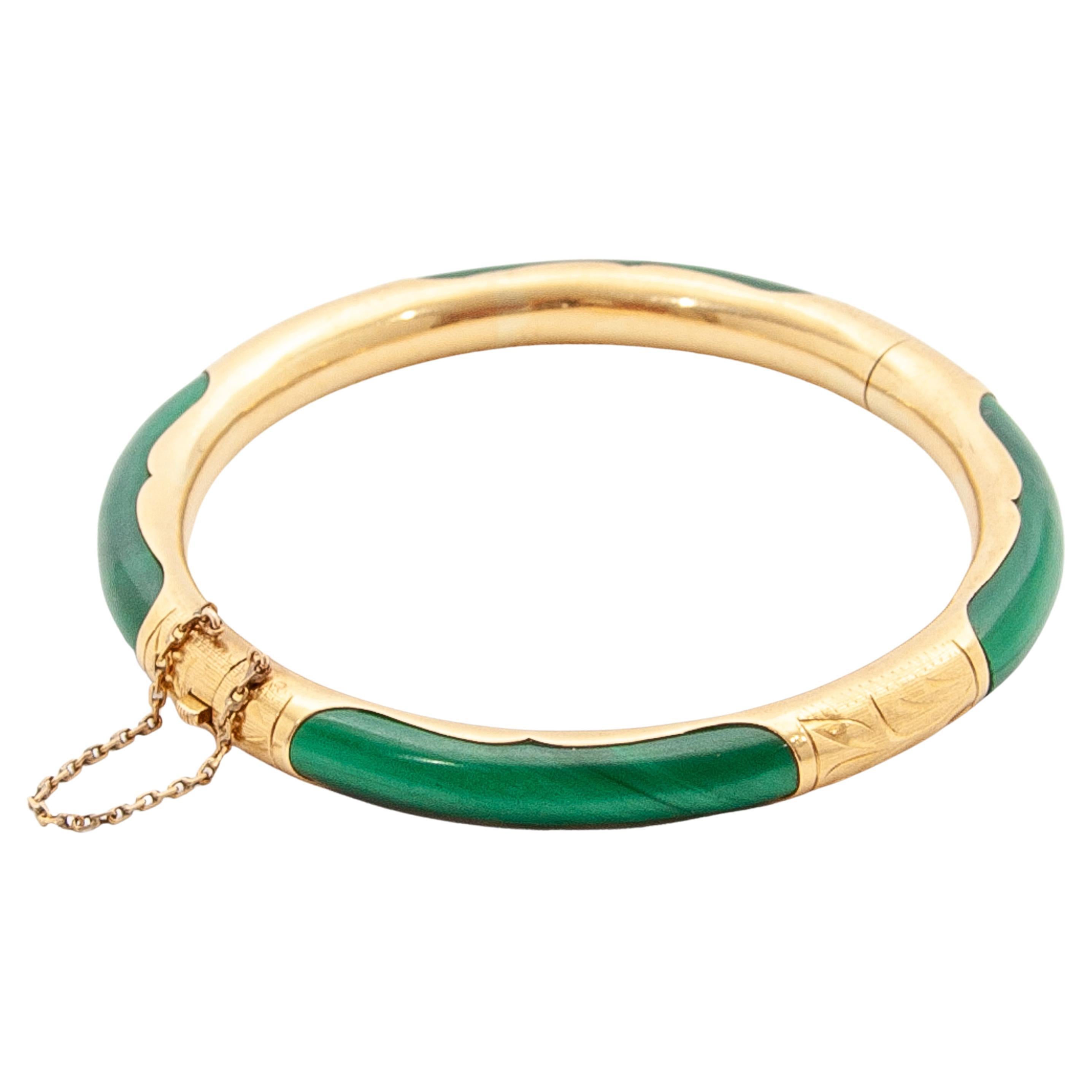 18K Gold Etched Malachite Bangle Bracelet