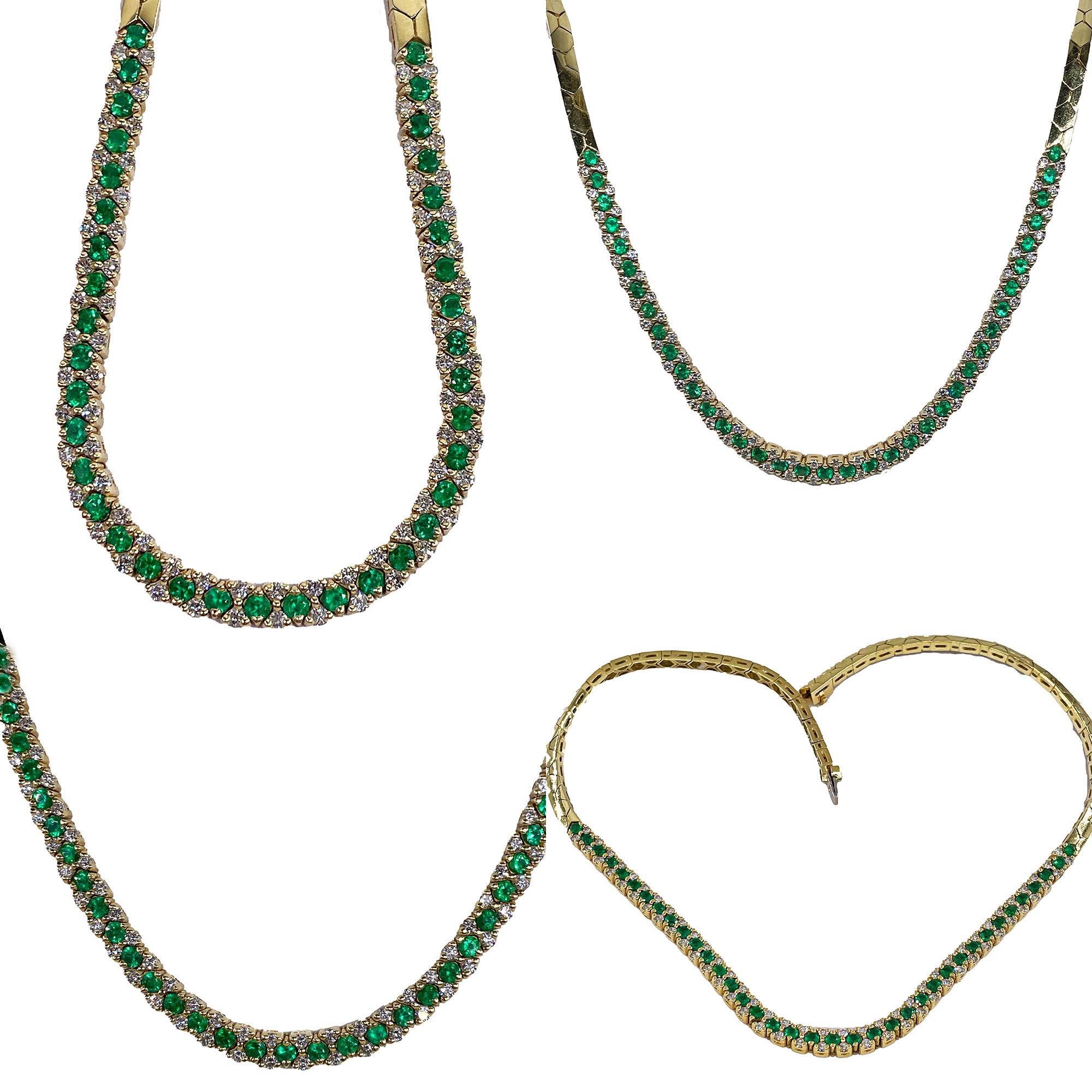 18K Gold Estate Vintage 4.43ctw Natural Emerald & Diamond Collar Necklace For Sale 3