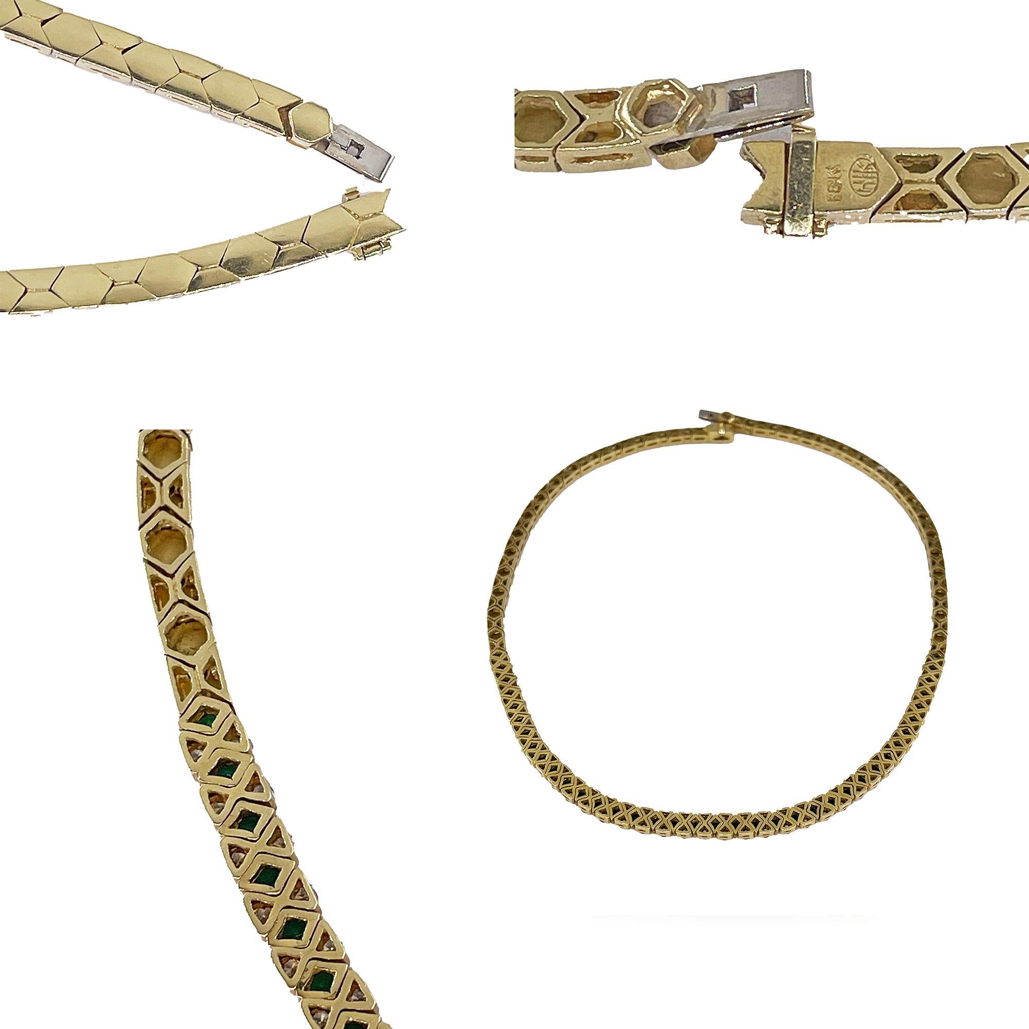 18K Gold Estate Vintage 4.43ctw Natural Emerald & Diamond Collar Necklace For Sale 4