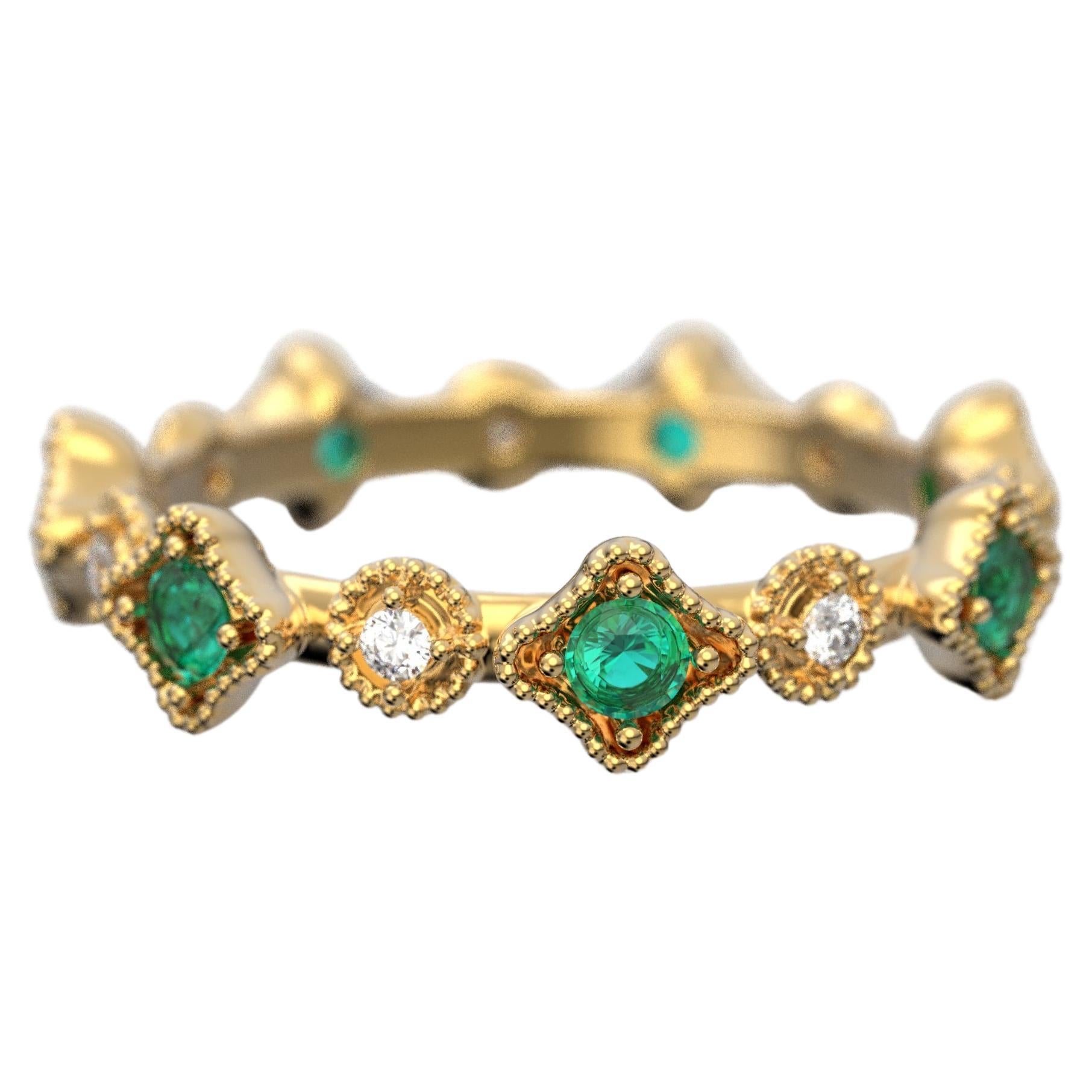 For Sale:  18k Gold Eternity Band with Natural Emerald and Diamonds, Made in Italy Jewelry