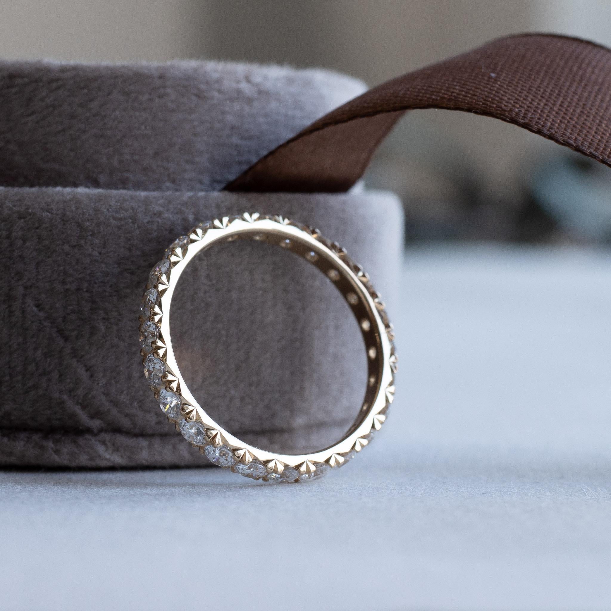 Women's or Men's 18k Gold Eternity Ring, French Pave Diamond Band For Sale