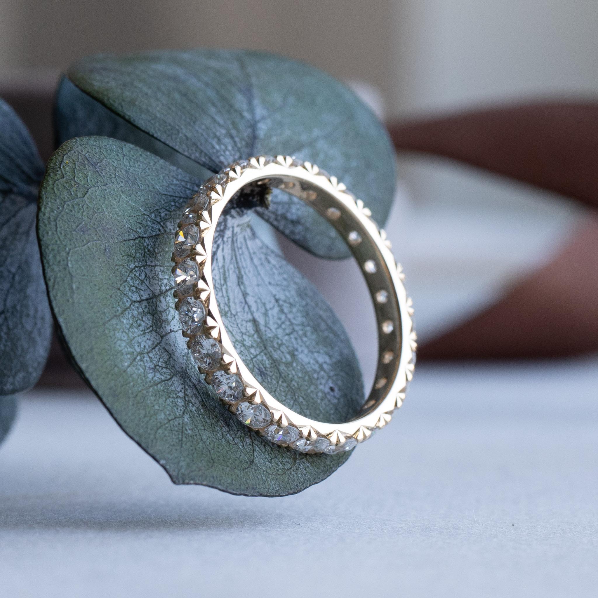 18k Gold Eternity Ring, French Pave Diamond Band For Sale 1