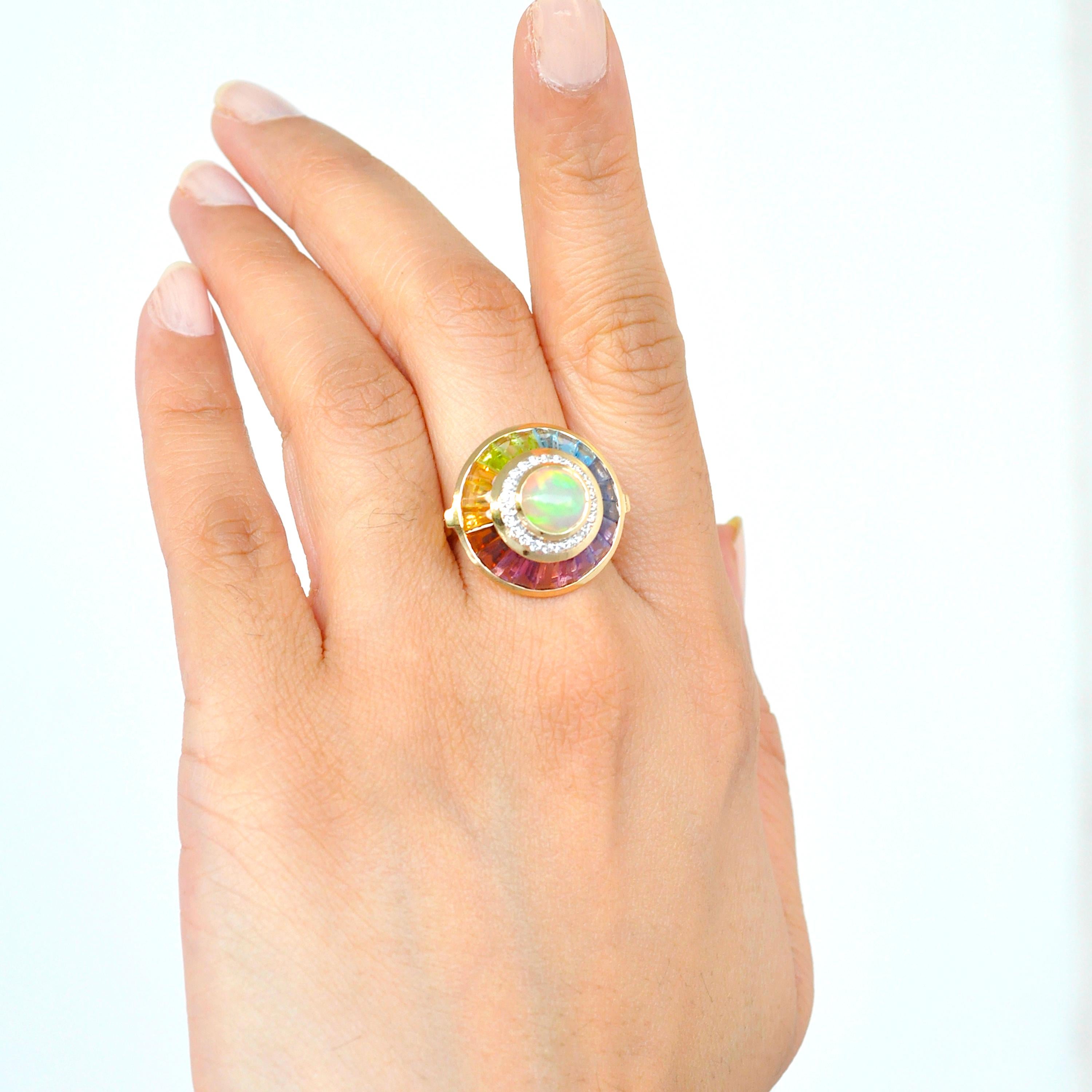 18k Gold Ethiopian White Opal Multicolour Rainbow Baguette Circular Diamond Ring 2