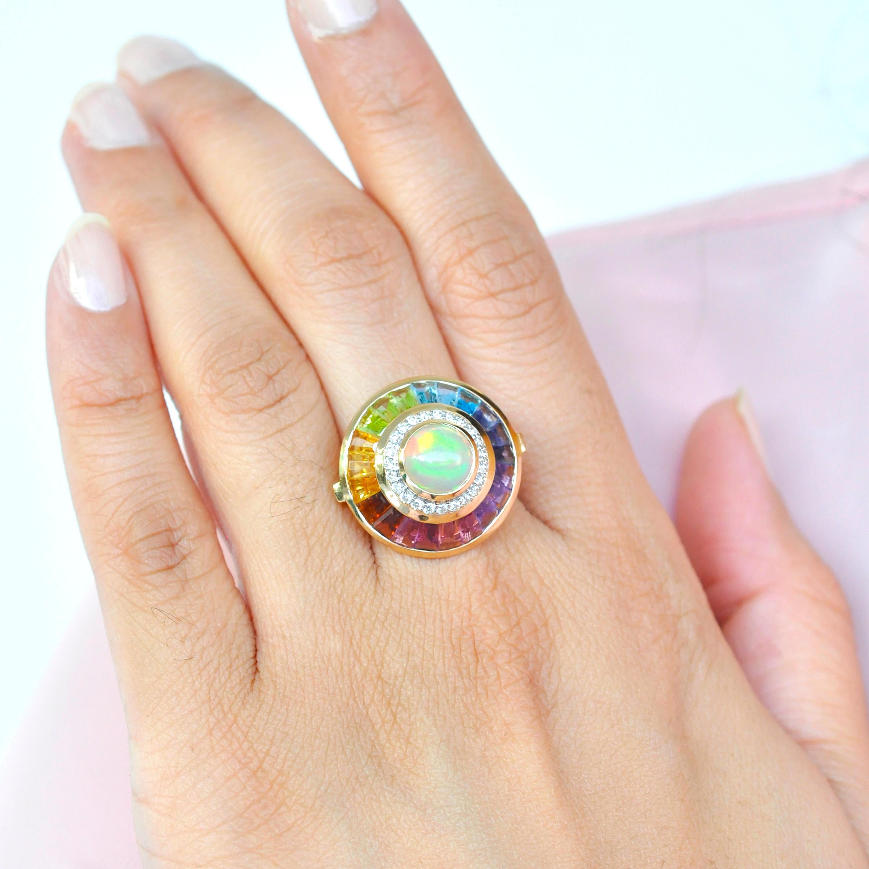 18k Gold Ethiopian White Opal Multicolour Rainbow Baguette Circular Diamond Ring 3