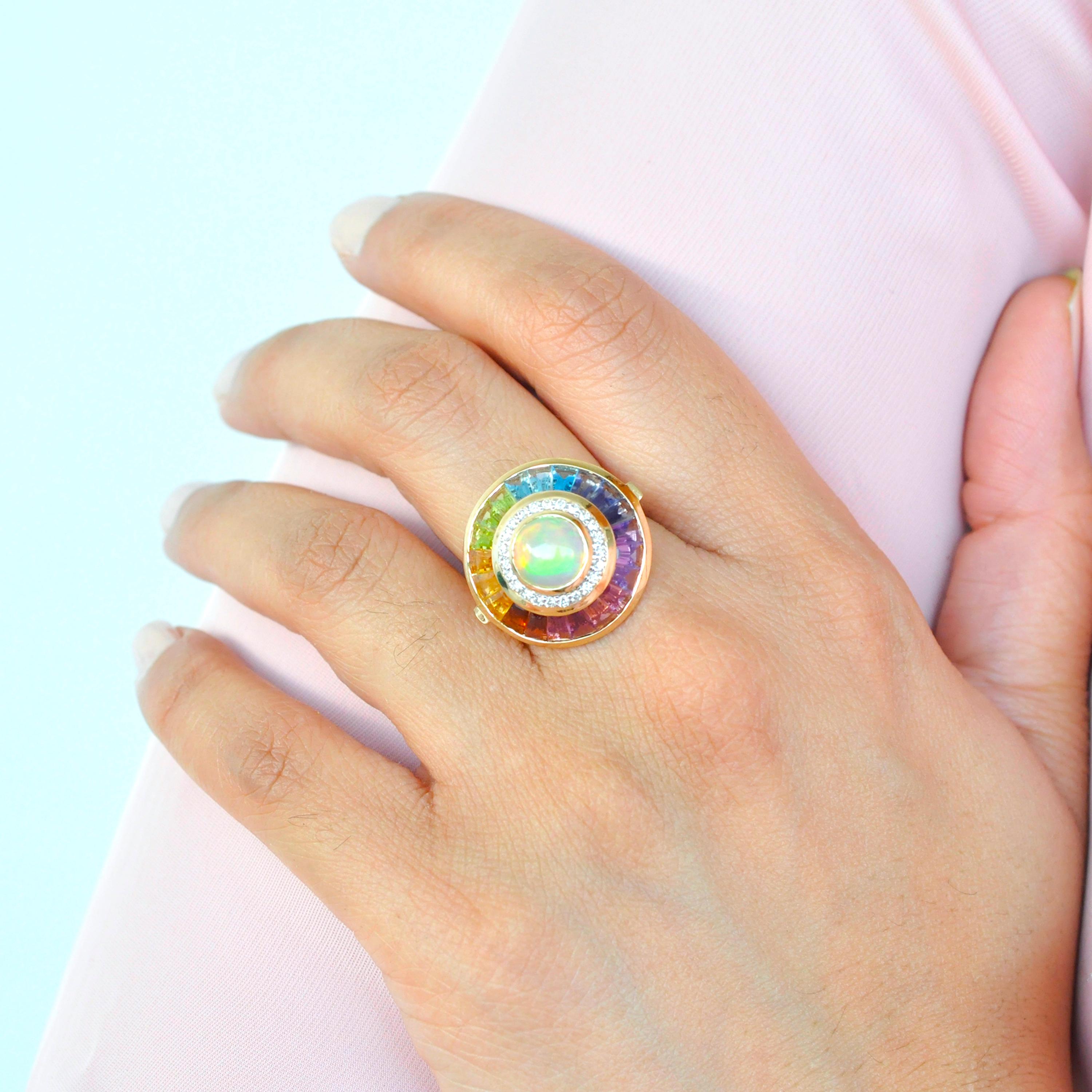 18k Gold Ethiopian White Opal Multicolour Rainbow Baguette Circular Diamond Ring 4