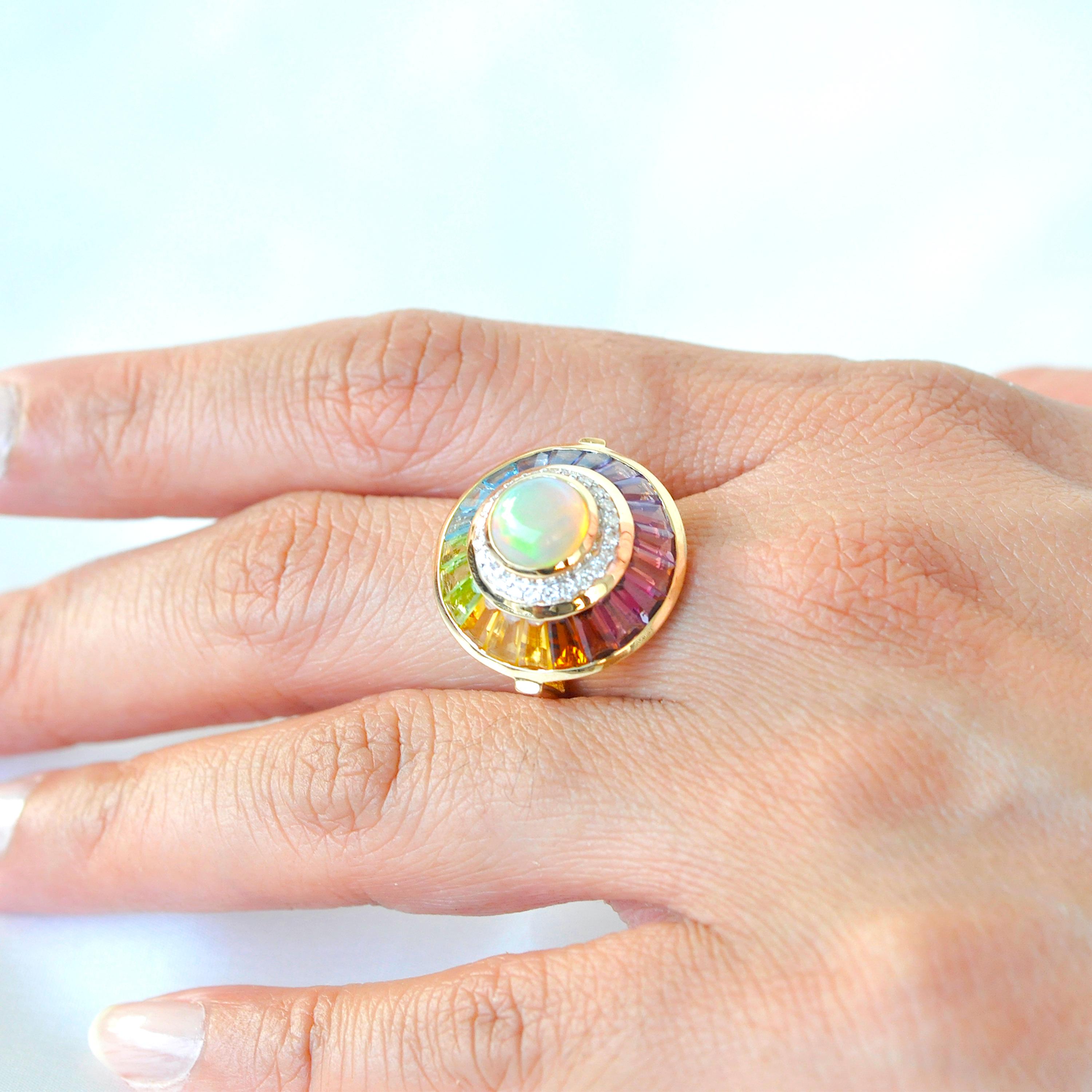 18k Gold Ethiopian White Opal Multicolour Rainbow Baguette Circular Diamond Ring 5